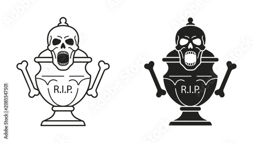 Εκτύπωση καμβά Skull Urn Design: A stark black and white illustration of an urn with a skull motif and R