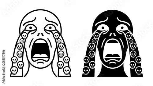 Fényképezés Crying Face with Skulls: An unsettling depiction of a crying face, with tears transforming into small skulls, conveying extreme distress and despair