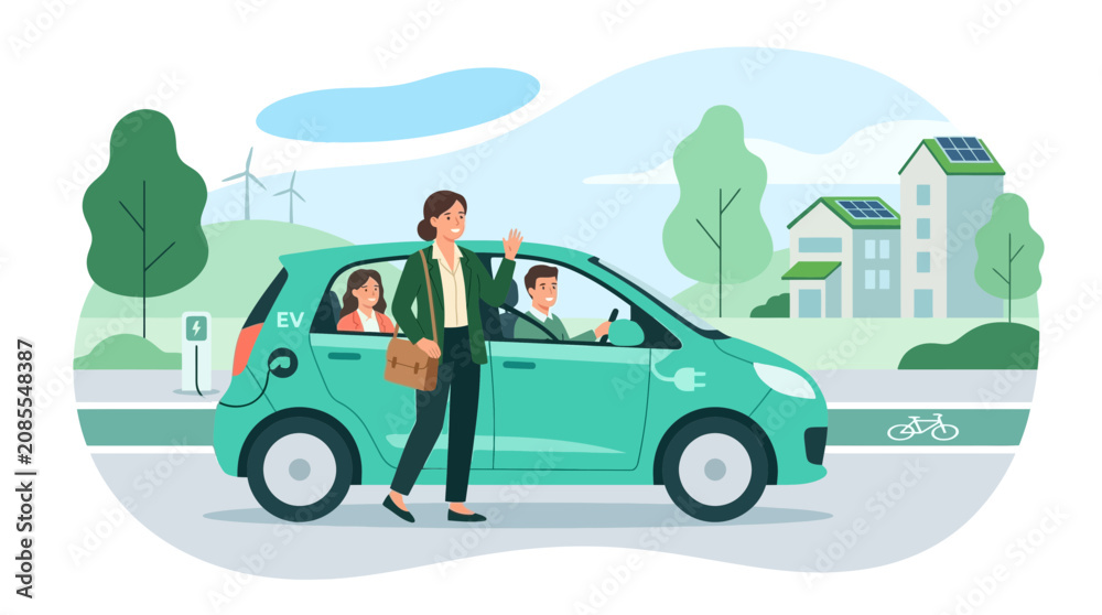 Obraz premium Woman charges electric car with family inside, green city environment