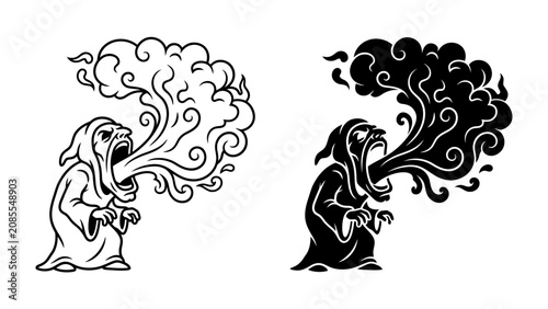 Obraz na płótnie Mystic Scream: An ancient sorcerer unleashes a torrent of magical energy from his open mouth, depicted in both an ethereal white outline and a stark black silhouette