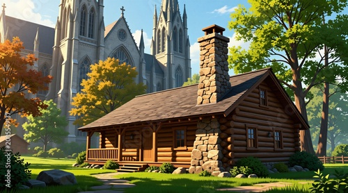 Rustic log cabin with stone chimney sits on green lawn. Tall Gothic church looms in background under blue sky with clouds. Autumn trees add color to landscape.