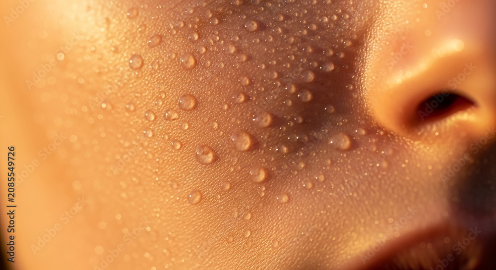 Fototapeta premium Macro shot of human skin with water droplets, reflecting warm sunlight, symbolizing hydration, freshness, and vitality, perfect for beauty or wellness.