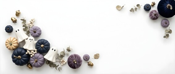 White Halloween Ghost and Pumpkin Flat Lay Border with Copy Space