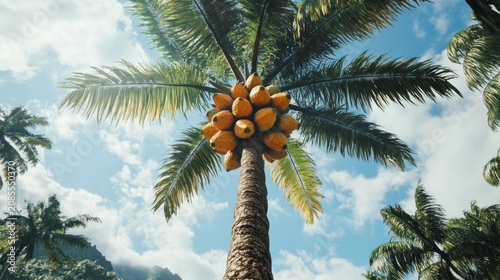 Lush tropical palm tree with coconuts