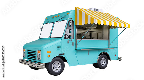 Foto Turquoise food truck with yellow and white striped awning
