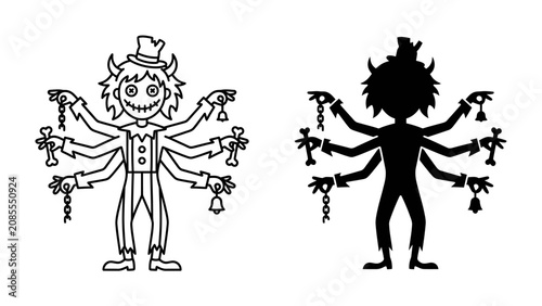 Photos Multilimbed Character with Bells: A whimsical, stylized character with multiple arms, a top hat, and bells, depicted in both line art and silhouette forms, ready for festive occasions