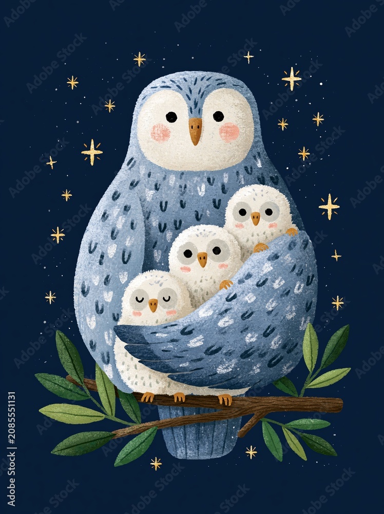 Obraz premium Adorable Family of Owls Nesting at Night