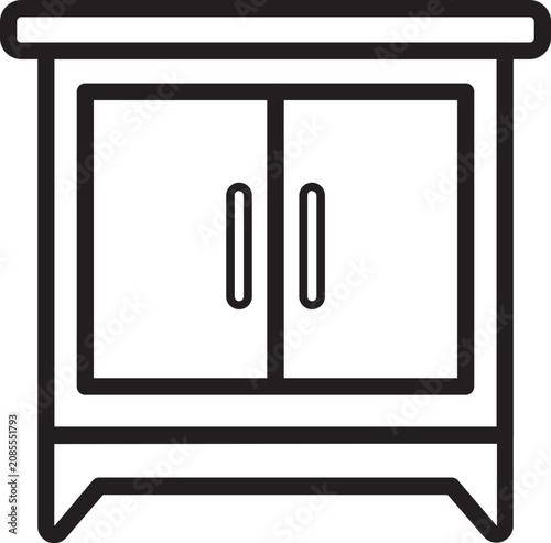 Minimalist line art cabinet icon with two closed doors rectangular handles and a simple base furniture illustration.