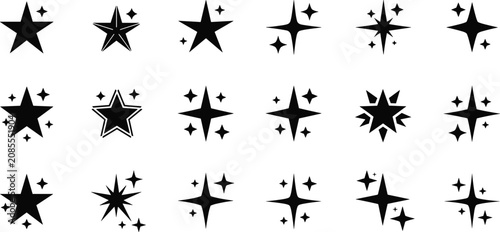 Black star with white plus signs on transparent background arranged in grid star plus symbol