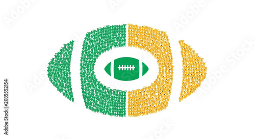 Vibrant American Football Shape Formed by Small Green and Yellow People Figures with Central Icon, isolated white background.