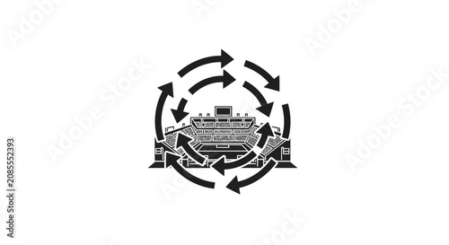 Monochromatic Stadium Logo with Circular Arrows Representing Sustainability or Continuous Event Cycle, isolated white background.
