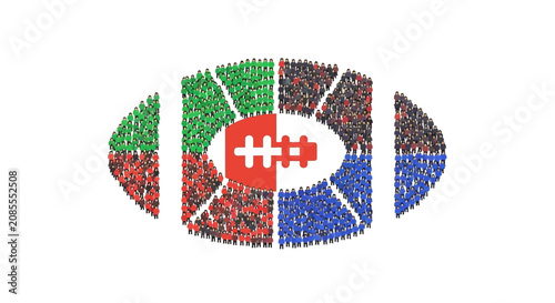 American Football Shape Composed of Diverse Colorful People Figures with Central Football Icon, isolated white background.