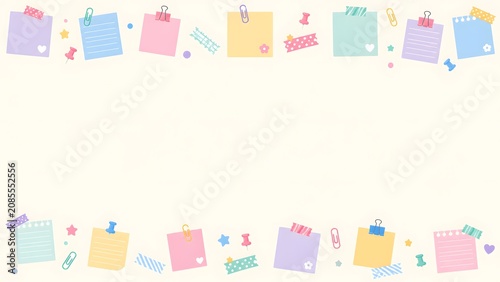 Cute stationery border with colorful sticky notes, paper clips, and washi tape on a cream background