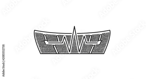 Abstract Geometric Shield or Badge Logo Design with Intricate Pattern in Grayscale, isolated white background.