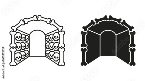 Fotografi Entrance to the Crypt: Two stylized icons depict an arched entrance to a crypt, constructed from bones and skulls, offering a chilling glimpse into a macabre underworld