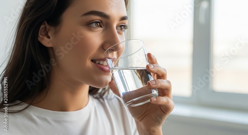 A young brunette woman looking sideways and drinking fresh clean water from a transparent glass near a bright window