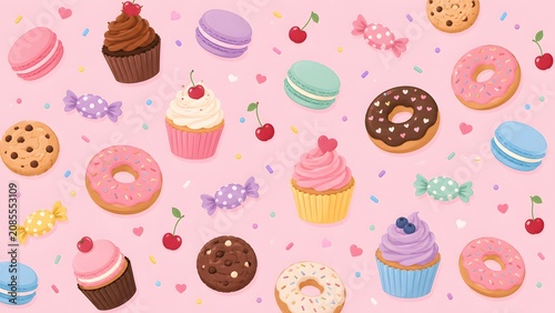 Seamless pattern with cute sweets, cupcakes, donuts, macarons, cookies and candies on a pink background