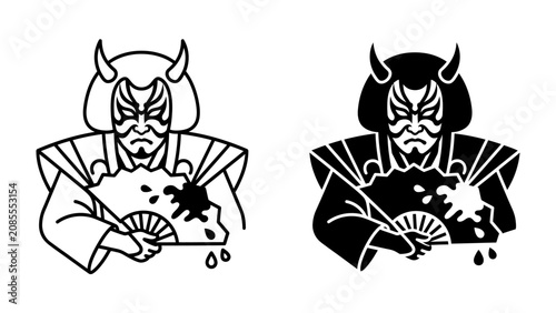 Foto Kabuki Actor with Fan: Two stylized depictions, one line art and one silhouette, of a Kabuki actor in traditional costume, wearing a dramatic mask with horns and holding a fan splattered with ink