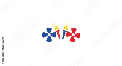 Stylized torches and pinwheel elements in patriotic red, white, and blue colors, isolated white background.