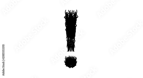 Exclamation mark formed by a cheering crowd with raised arms, isolated white background.