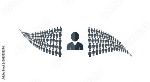 Two groups of people icons flowing towards a central person figure, isolated white background.