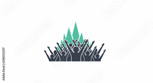 Cheering crowd with raised arms celebrating success under abstract green elements, isolated white background.