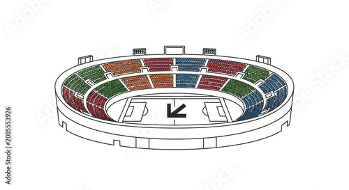 Outline drawing of a football stadium with empty stands and field, isolated white background.