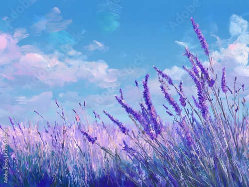 Lavender Field under a blue sky with painted clouds, showcasing a picturesque floral landscape.