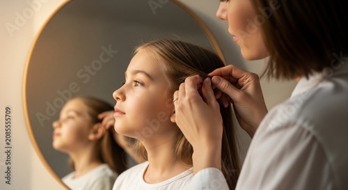 Side view of a mother gently braiding her young daughter's hair in front of a round mirror in a brightly lit room