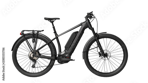 Black electric mountain bike with rack and fenders