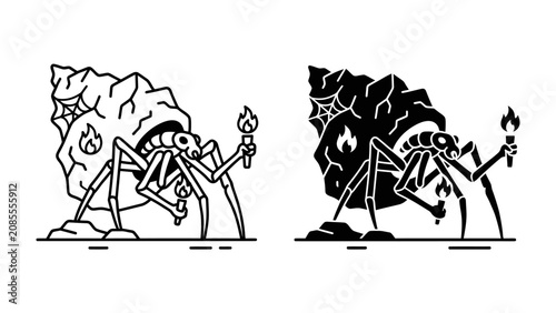 Tableau sur toile Spider carrying a treasure chest: Stylized illustration of a spider character carrying a large treasure chest on its back, holding a torch to light the way