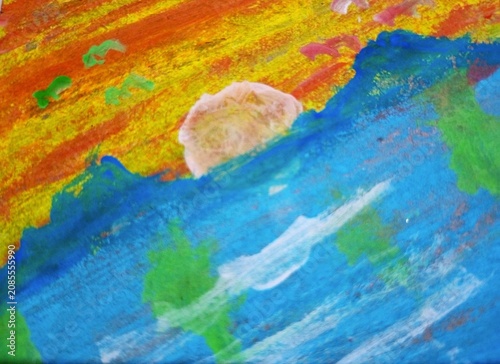 abstract watercolor background, Colorful sunset child painting scene.