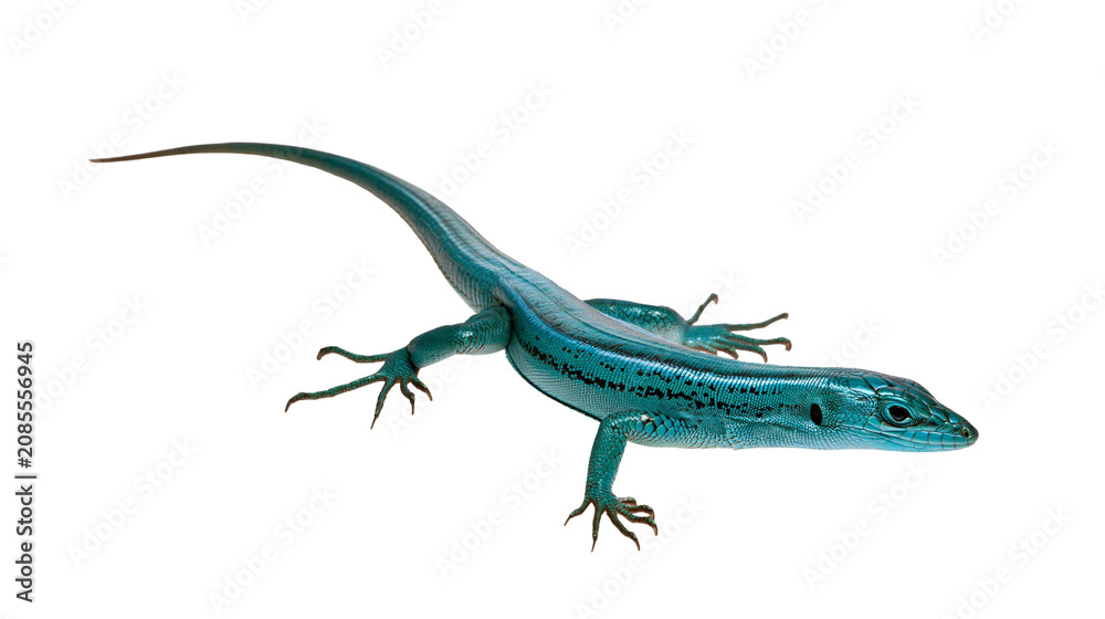 Fototapeta premium Blue lizard with black stripes on white