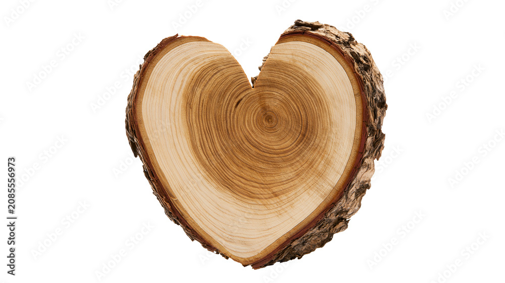 Naklejka premium Heart shaped wood slice with bark and growth rings