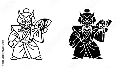 Fotografía Japanese Kabuki Actor with Mask and Fan: An artistic illustration of a Kabuki performer in traditional attire, wearing an intimidating mask and holding a delicate fan