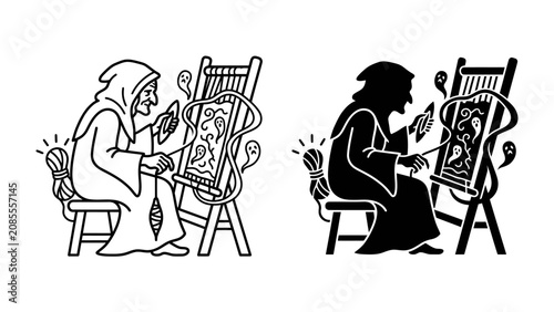Cuadro en lienzo The Weaver of Fate: A hooded figure, perhaps a representation of fate or destiny, is depicted intricately weaving on a loom, with mystical symbols and elements adding to the enigmatic scene