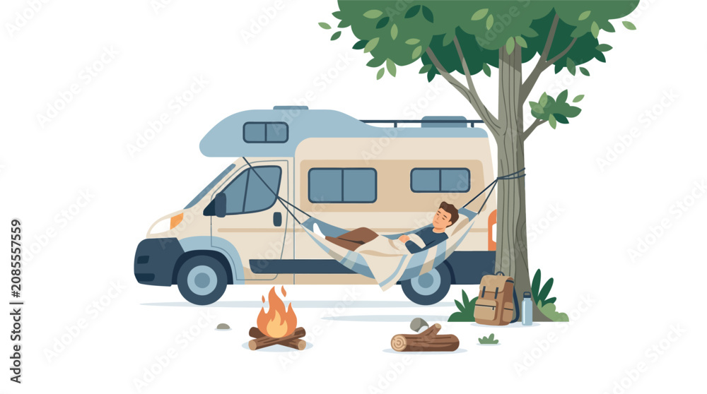 Obraz premium Young man relaxing and sleeping in hammock next to camper van at forest campsite flat vector illustration