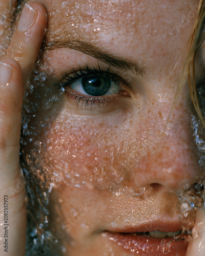 Ethereal Beauty: Artistic Close-Up Portrait of a Young Woman with Freckles and Blue Eyes in a Refreshing Water-Themed Studio Photography Session