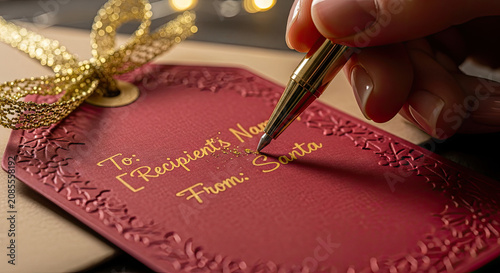 Writing on a red Christmas gift tag with a gold pen for a holiday present from Santa Claus featuring festive golden bow details