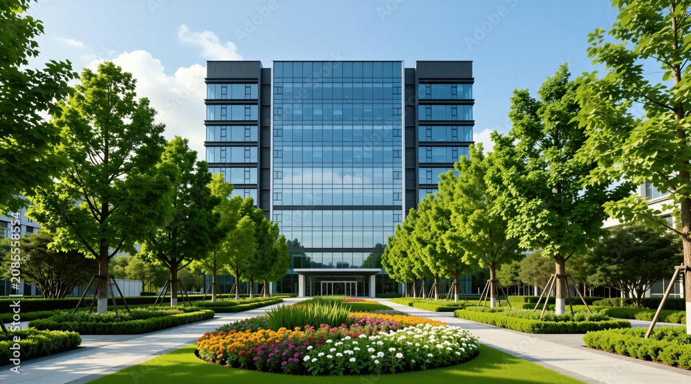 Fototapeta premium Modern office building with glass facade surrounded by green trees and manicured flower beds. Building has clean contemporary design with sunlit blue sky background. Landscaped area with pathways.