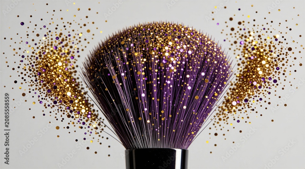 Fototapeta premium Purple makeup brush with gold and purple glitter sparkles. Cosmetic tool for applying powder foundation or blush. Beauty product accessory for makeup artist.