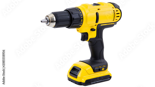 Bild auf Leinwand Yellow and black cordless power drill with battery