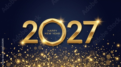 2027 happy new year gold typography design with glowing confetti particles on a dark blue luxury background