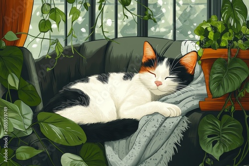 illustration of sleeping cat on armchair wrapped in warm blanket