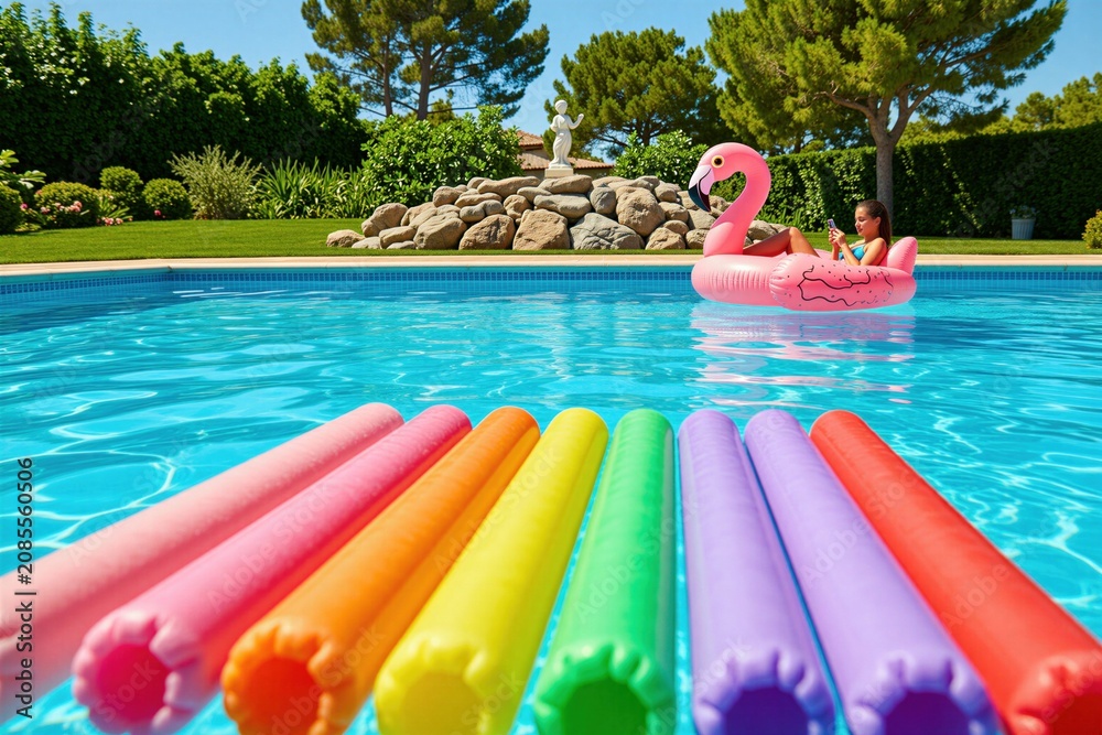 Naklejka premium Young woman floats on pink flamingo inflatable in swimming pool. She uses her mobile phone. Colorful pool noodles are in the foreground. Sunny summer day.