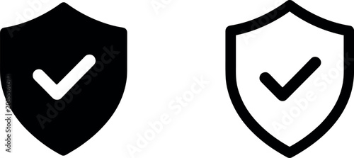 Cuadro en lienzo Two minimalist black shield icons with checkmarks representing digital security, verified safety, and reliable protection