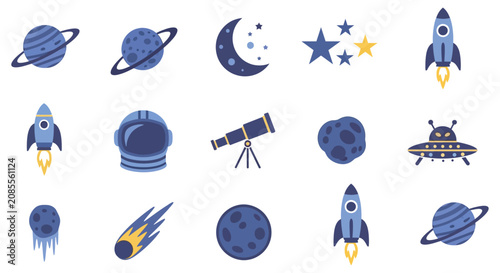 Photos Space Exploration Icons Planets Rockets And Celestial Bodies Flat Vector Illustr