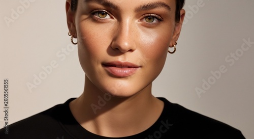 High-fashion close-up portrait of a stunning young woman with short hair and golden hoop earrings, looking at the camera with dramatic warm sunlight shadows on her face