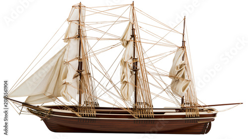 Bild auf Leinwand Wooden model sailing ship with white sails and rigging