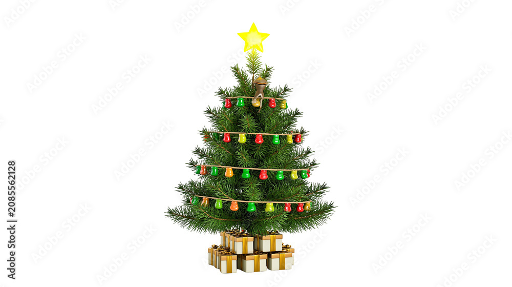 Fototapeta premium Decorated Christmas tree with star lights, and gifts